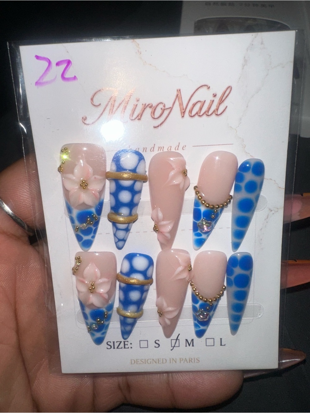 Handmade Blue & Nude Floral Stiletto Press-On Nails